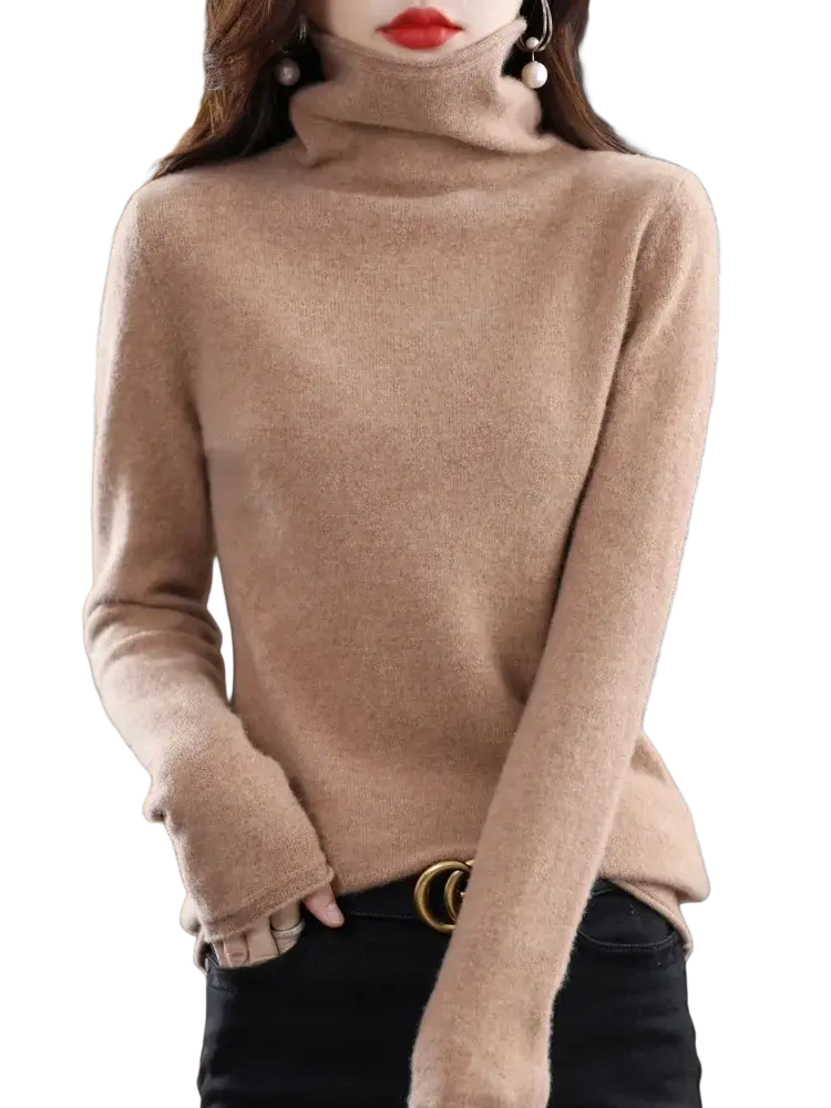 A camel-colored merino wool turtleneck sweater for women with a soft cozy knit texture and long sleeves