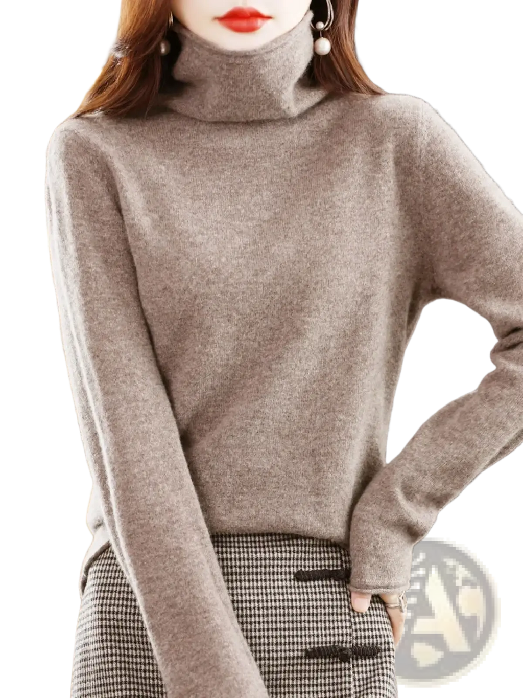 A soft heathered gray merino wool turtleneck sweater for women with cozy knit texture and long sleeves