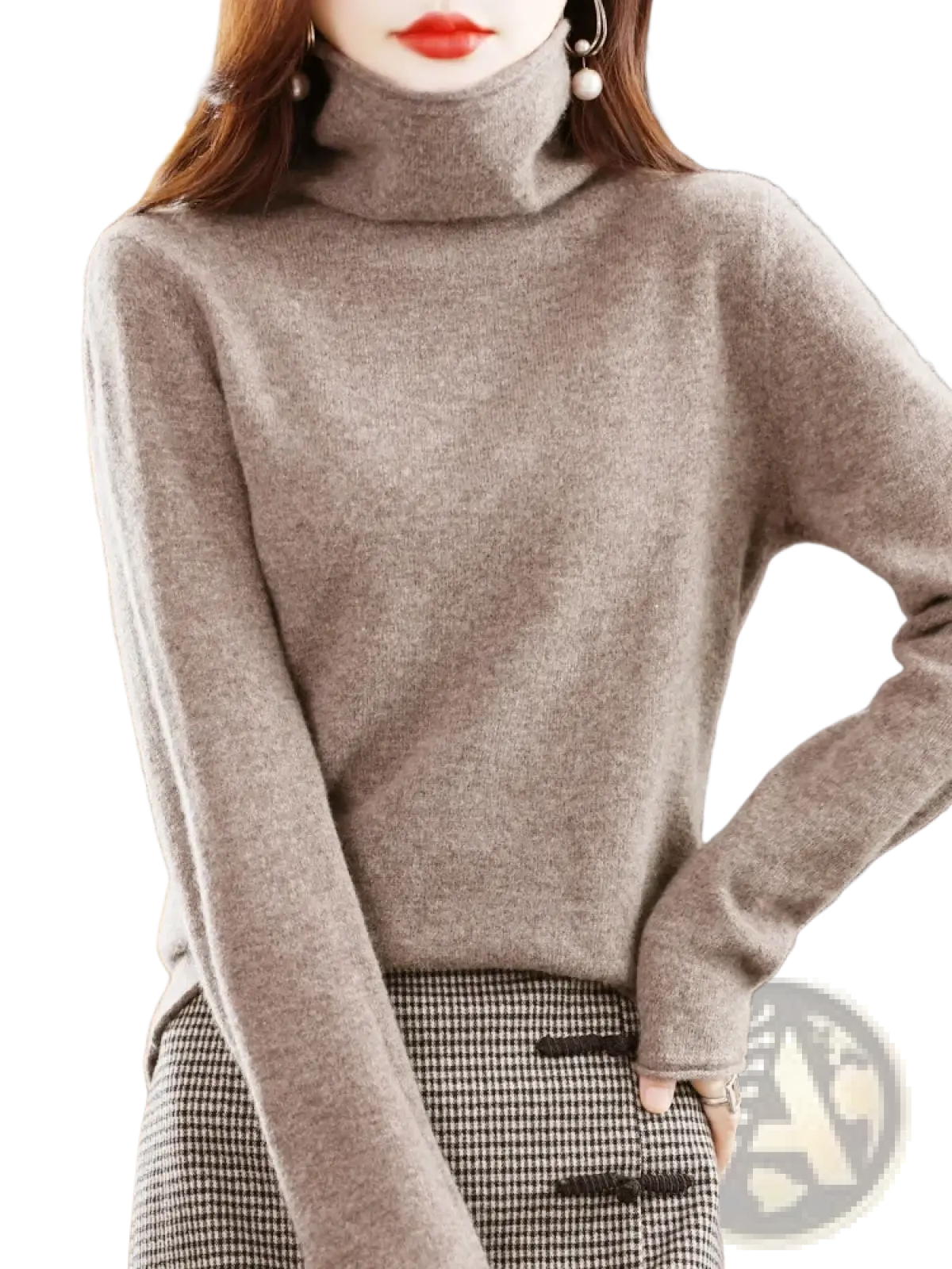 A soft heathered gray merino wool turtleneck sweater for women with cozy knit texture and long sleeves