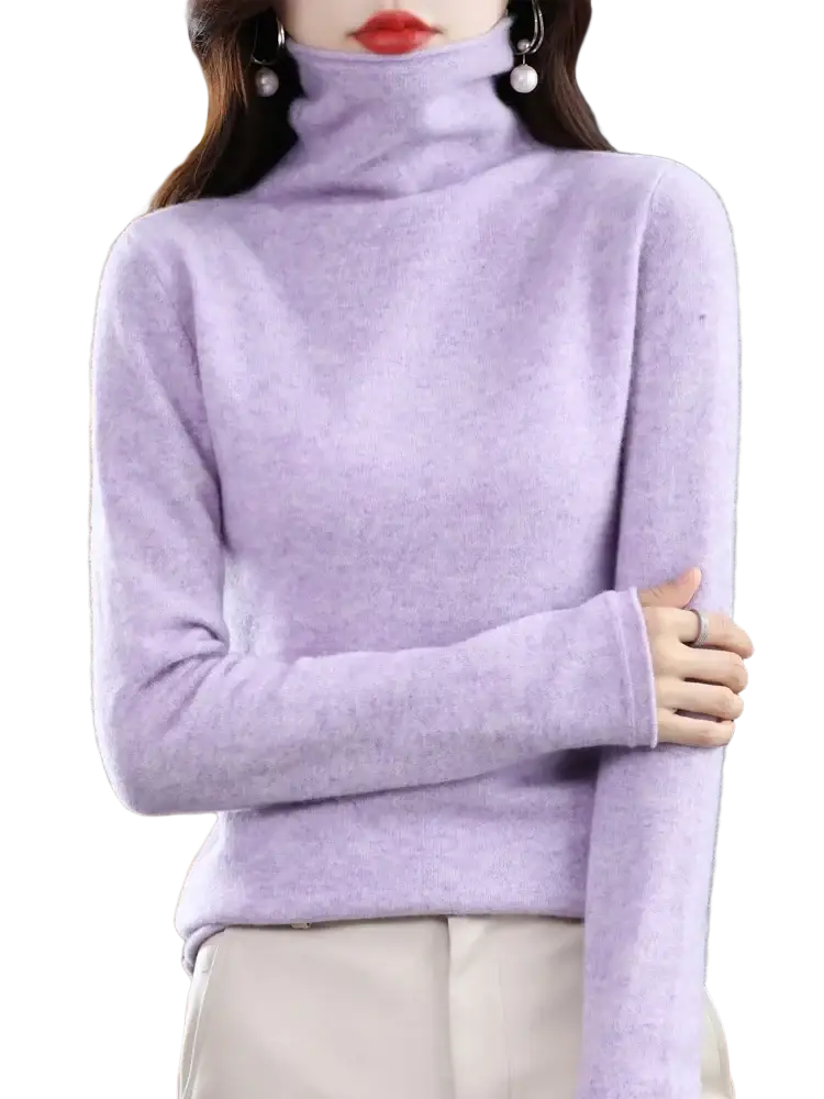 A soft lavender merino wool turtleneck sweater for women with a smooth knit texture