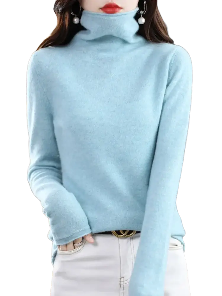 A soft light blue merino wool turtleneck sweater for women with long sleeves and a smooth knit texture