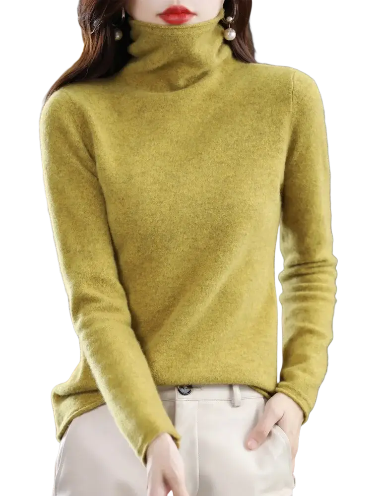 A soft olive green merino wool turtleneck sweater for women made of plush knit fabric