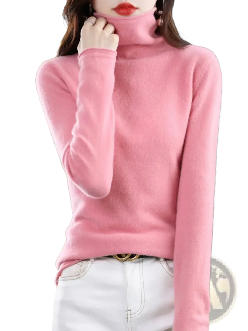 A soft pink merino wool turtleneck sweater for women with long sleeves and a smooth cozy knit texture