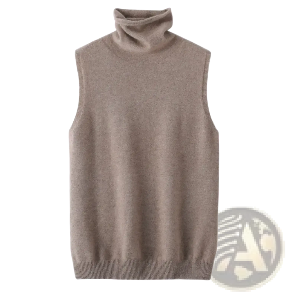 Beige sleeveless knit vest made of merino wool featuring a turtleneck design for layered warmth and style