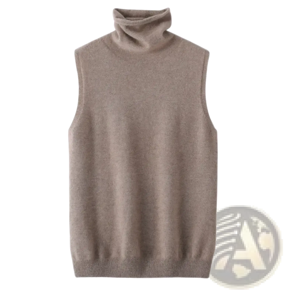 Beige sleeveless knit vest made of merino wool featuring a turtleneck design for layered warmth and style