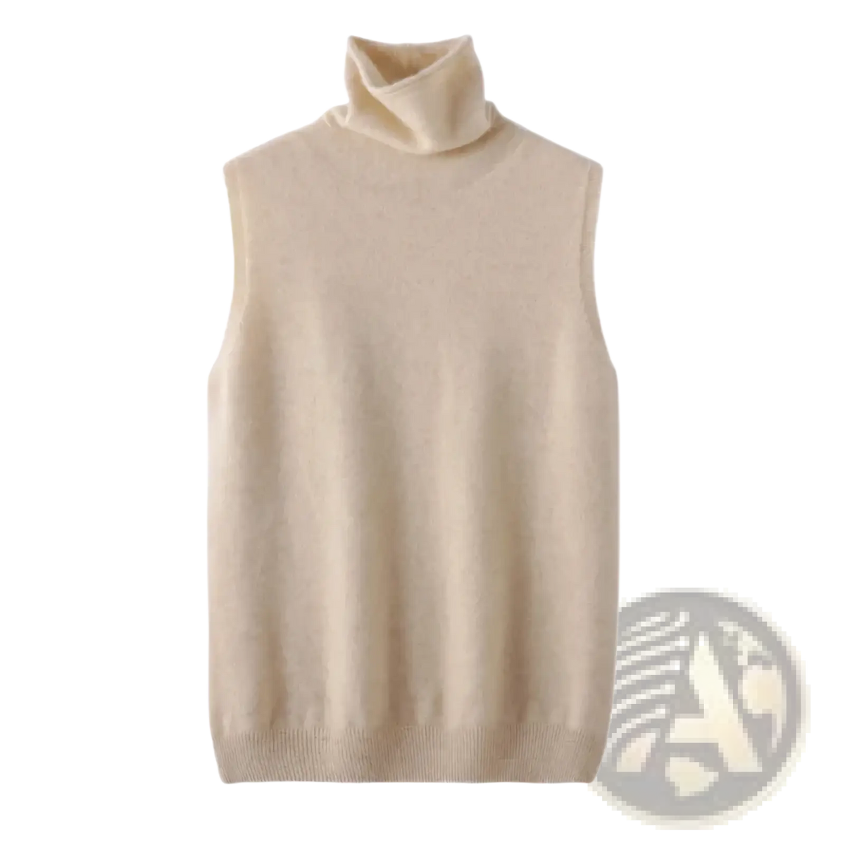 Cream-colored sleeveless merino wool turtleneck vest with soft ribbed texture and neatly finished hem