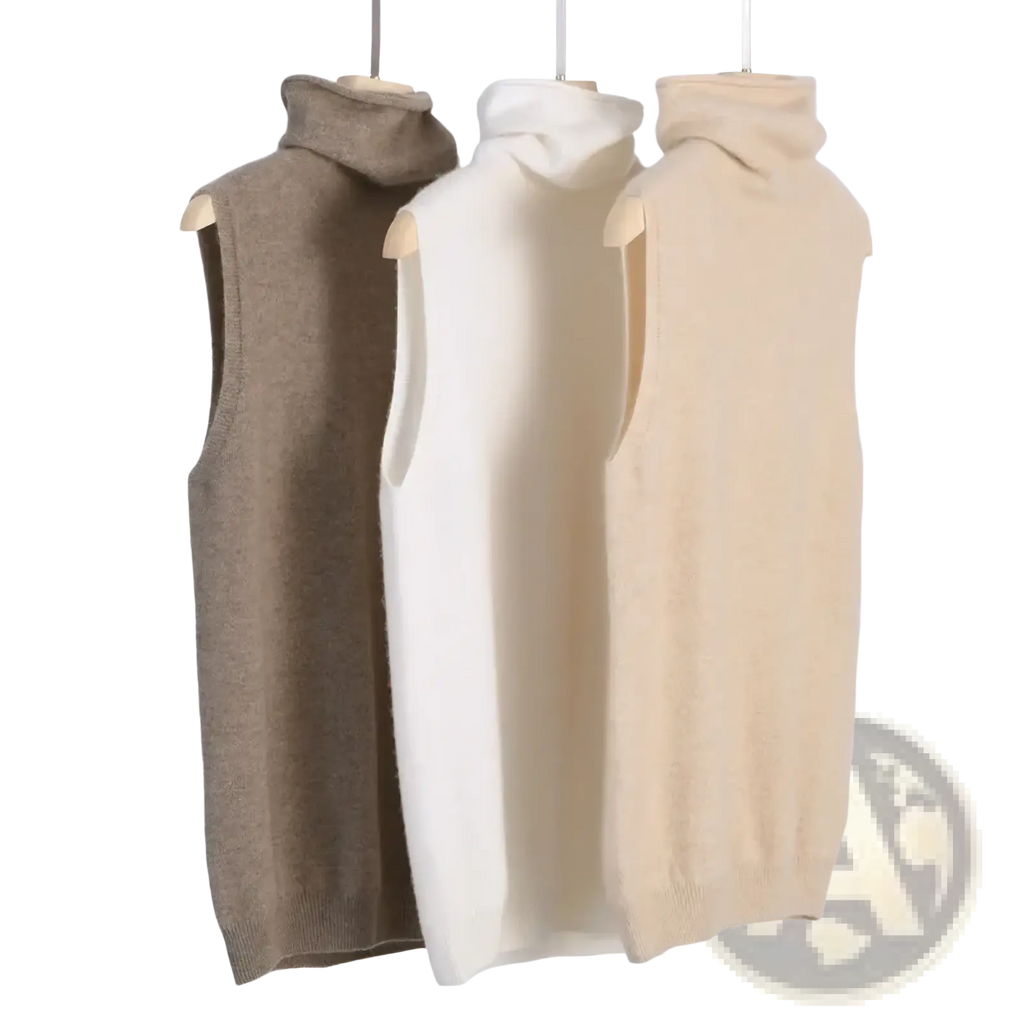 Three sleeveless merino wool turtleneck vests in beige cream and taupe displayed on wooden hangers
