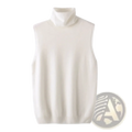 Cream-colored sleeveless merino wool turtleneck vest with soft ribbed knit texture for layering