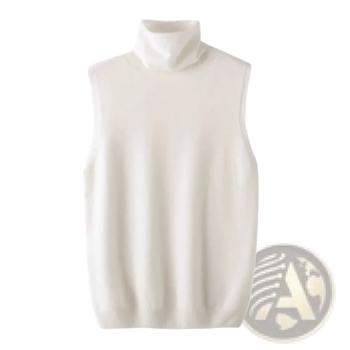 Cream-colored sleeveless merino wool turtleneck vest with soft ribbed knit texture for layering