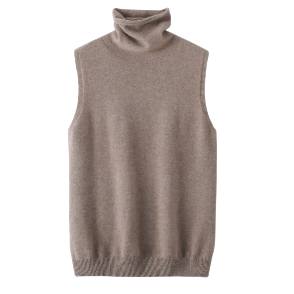 Beige merino wool sleeveless turtleneck vest for women slim knit base layer shown from the front