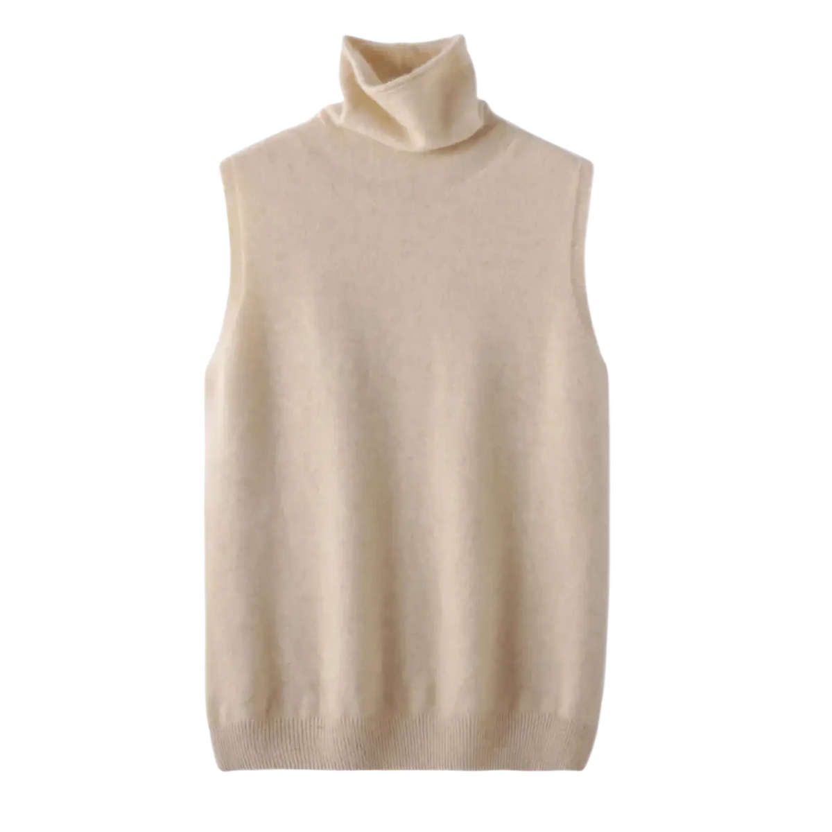 Beige merino wool turtleneck sleeveless knit vest for women slim fit base layer in a front view