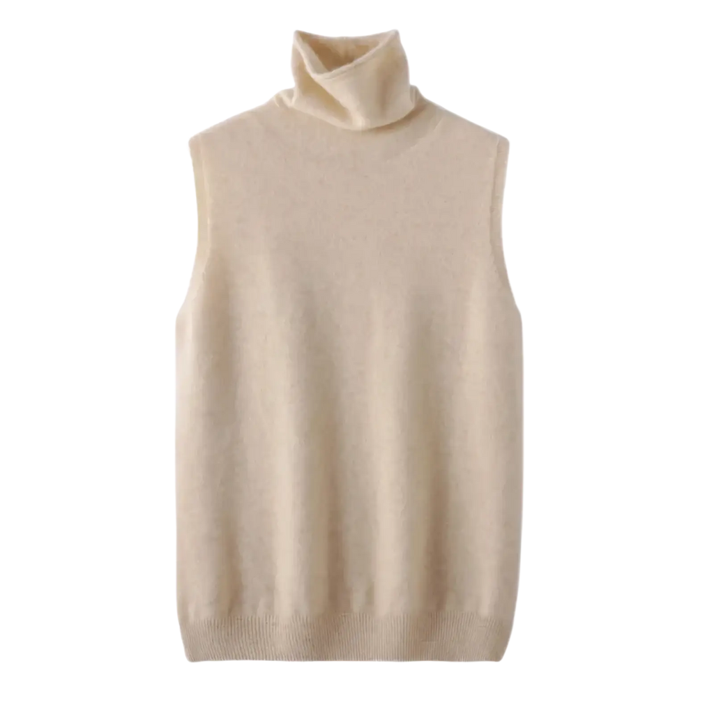 Cream-colored sleeveless merino wool turtleneck vest with ribbed texture and finished hem for women slim knit base layer