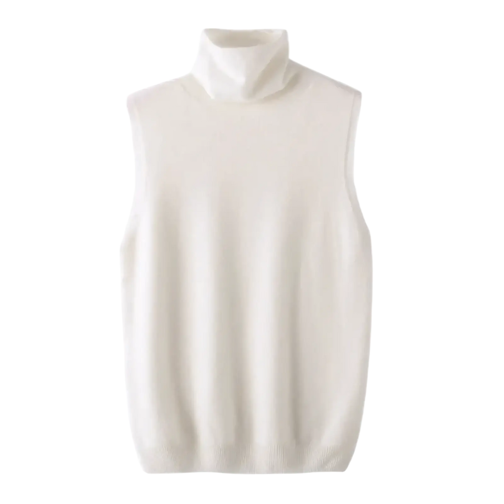 Cream-colored sleeveless merino wool turtleneck vest with soft ribbed texture for women slim knit base layer