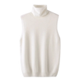 Cream-colored sleeveless merino wool turtleneck vest with soft ribbed texture for women slim knit base layer