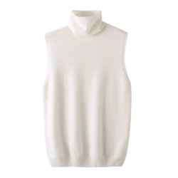 Cream-colored sleeveless merino wool turtleneck vest with soft ribbed texture for women slim knit base layer