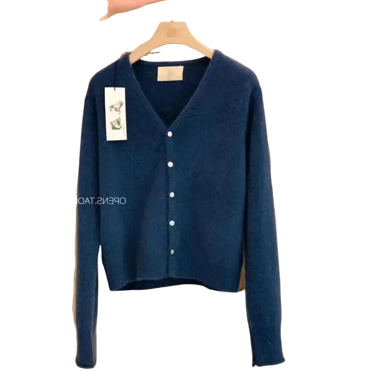 Deep blue merino wool v-neck cardigan sweater with long sleeves and button closure for elegant layering