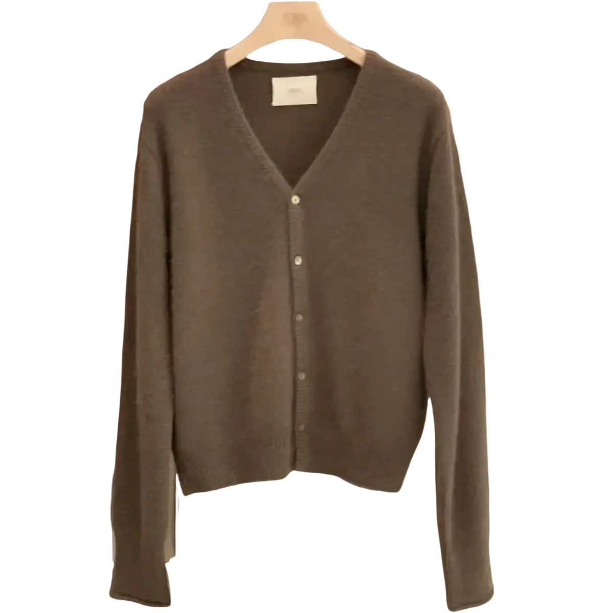 Merino wool v-neck cardigan sweater in soft muted gray with subtle sheen and delicate button closure