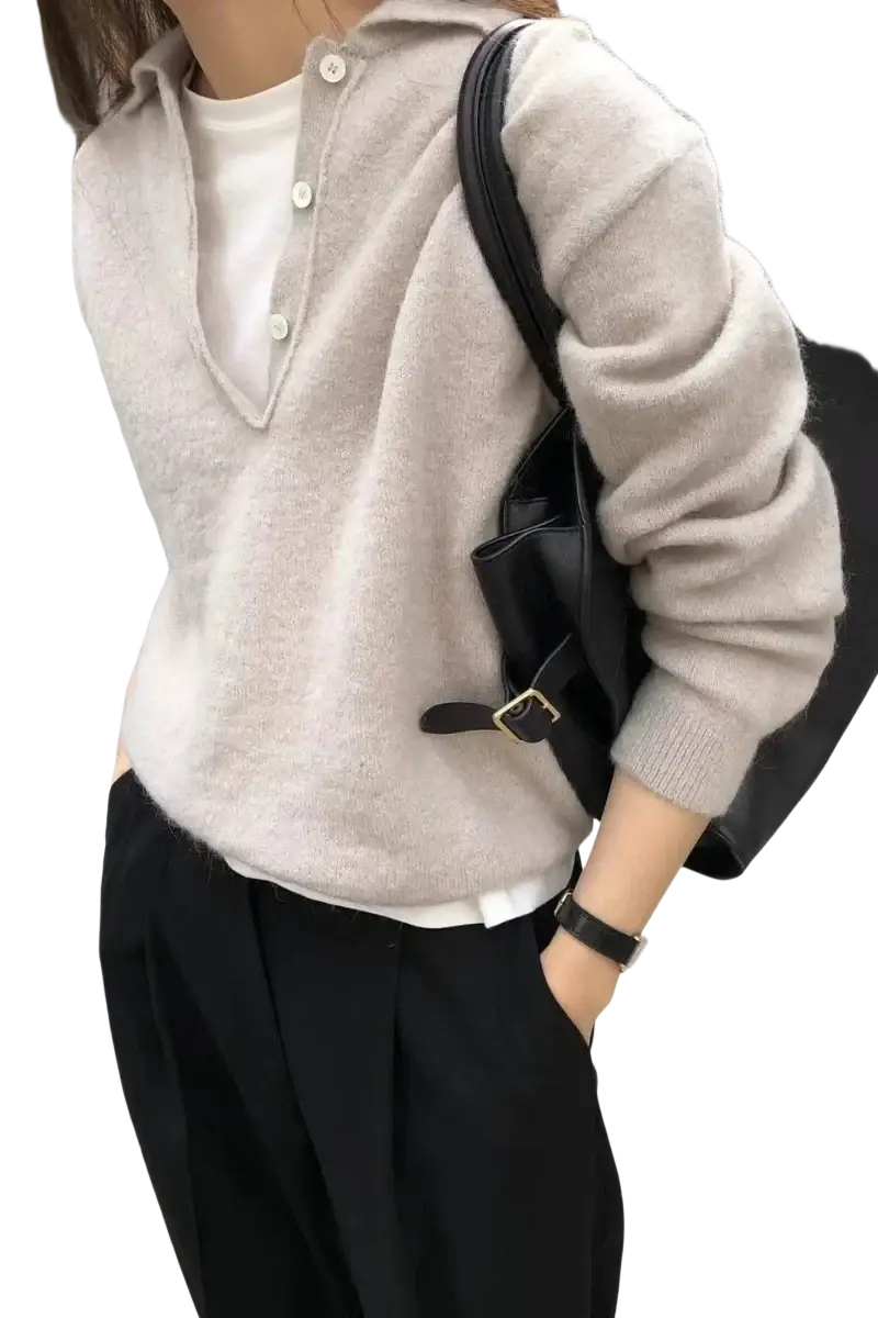 Beige merino wool v neck women sweater knit hoodie with button closure and ribbed cuffs