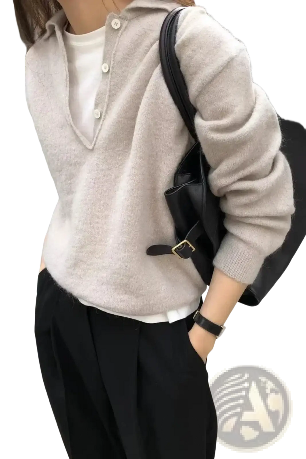 Beige merino wool V-neck women sweater with knit hoodie, button closure, and ribbed cuffs