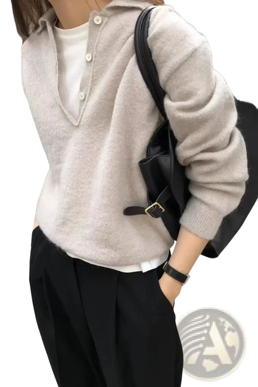 Beige merino wool V-neck women sweater with knit hoodie, button closure, and ribbed cuffs