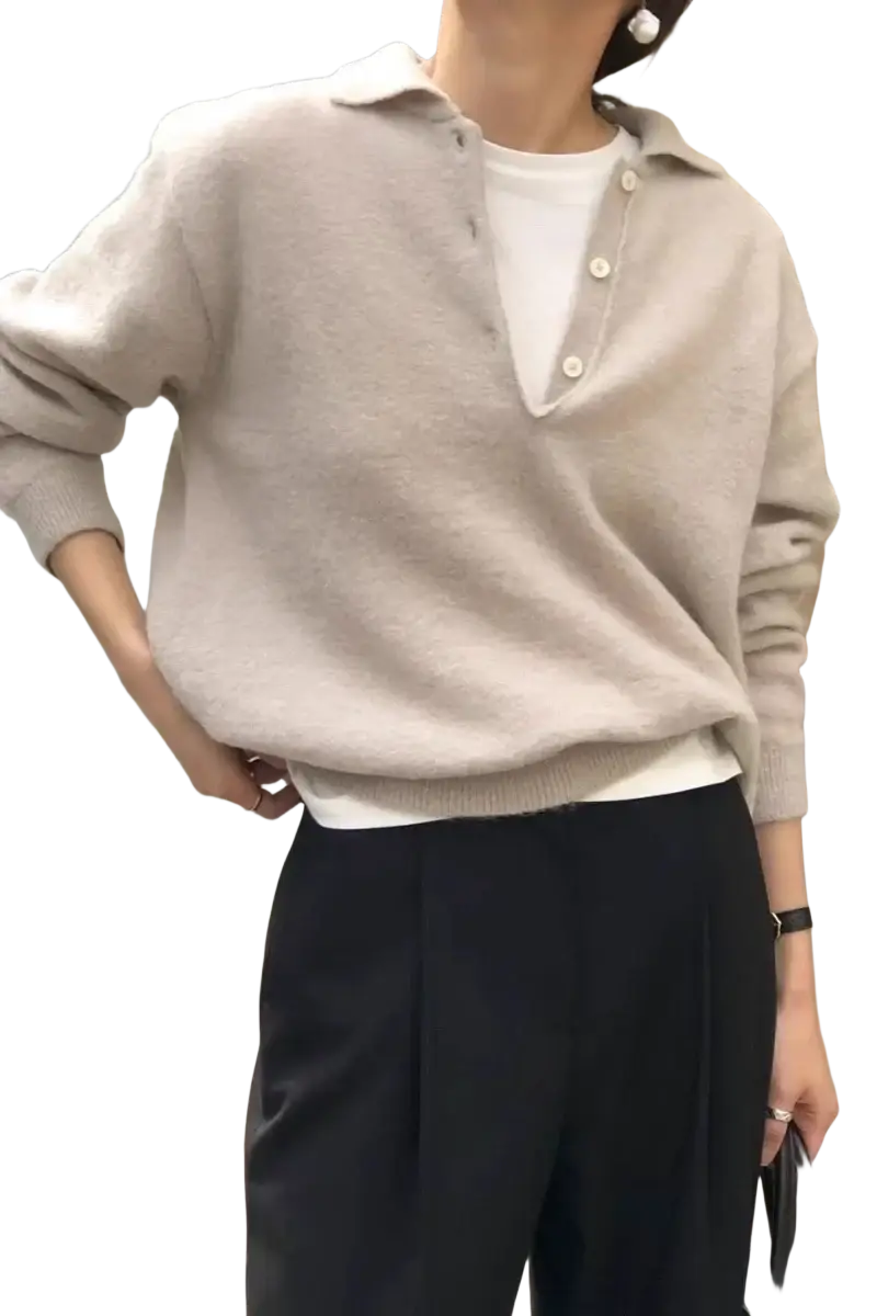 Beige merino wool knit polo sweater with buttoned placket and ribbed cuffs for women