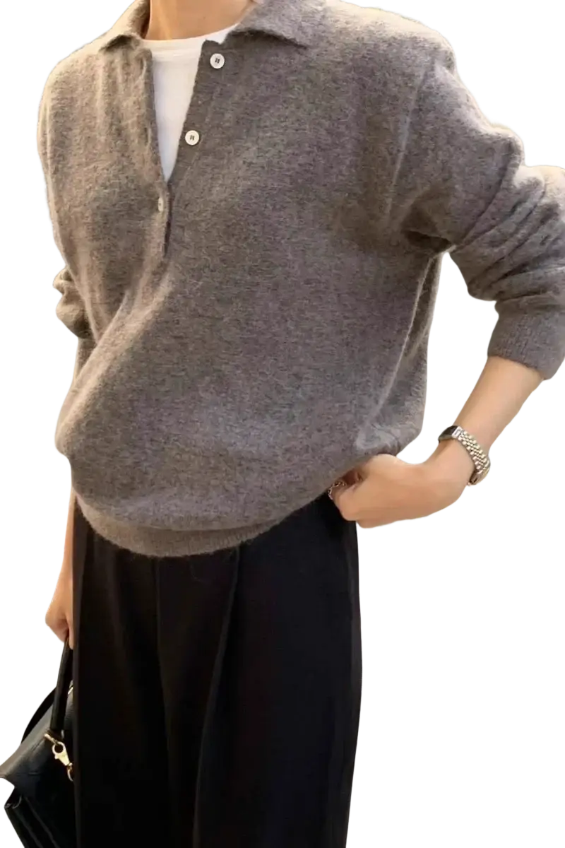 A soft heather gray merino wool v neck women sweater with a relaxed fit and white buttons
