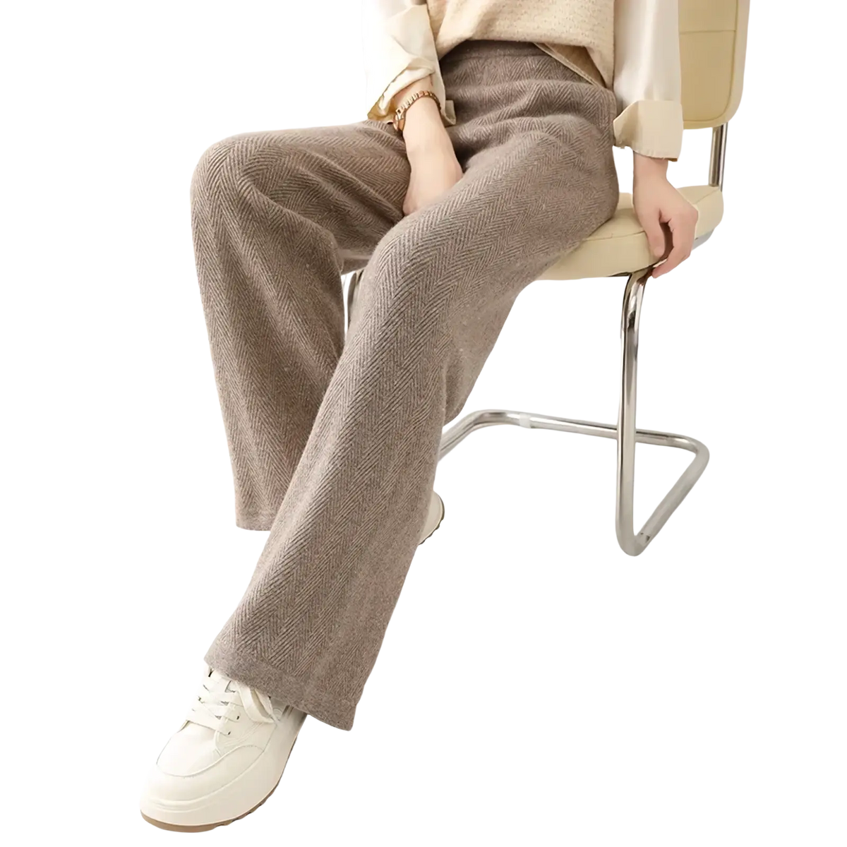 Beige merino wool wide leg pants with herringbone knit texture shown from the front in a relaxed fit style