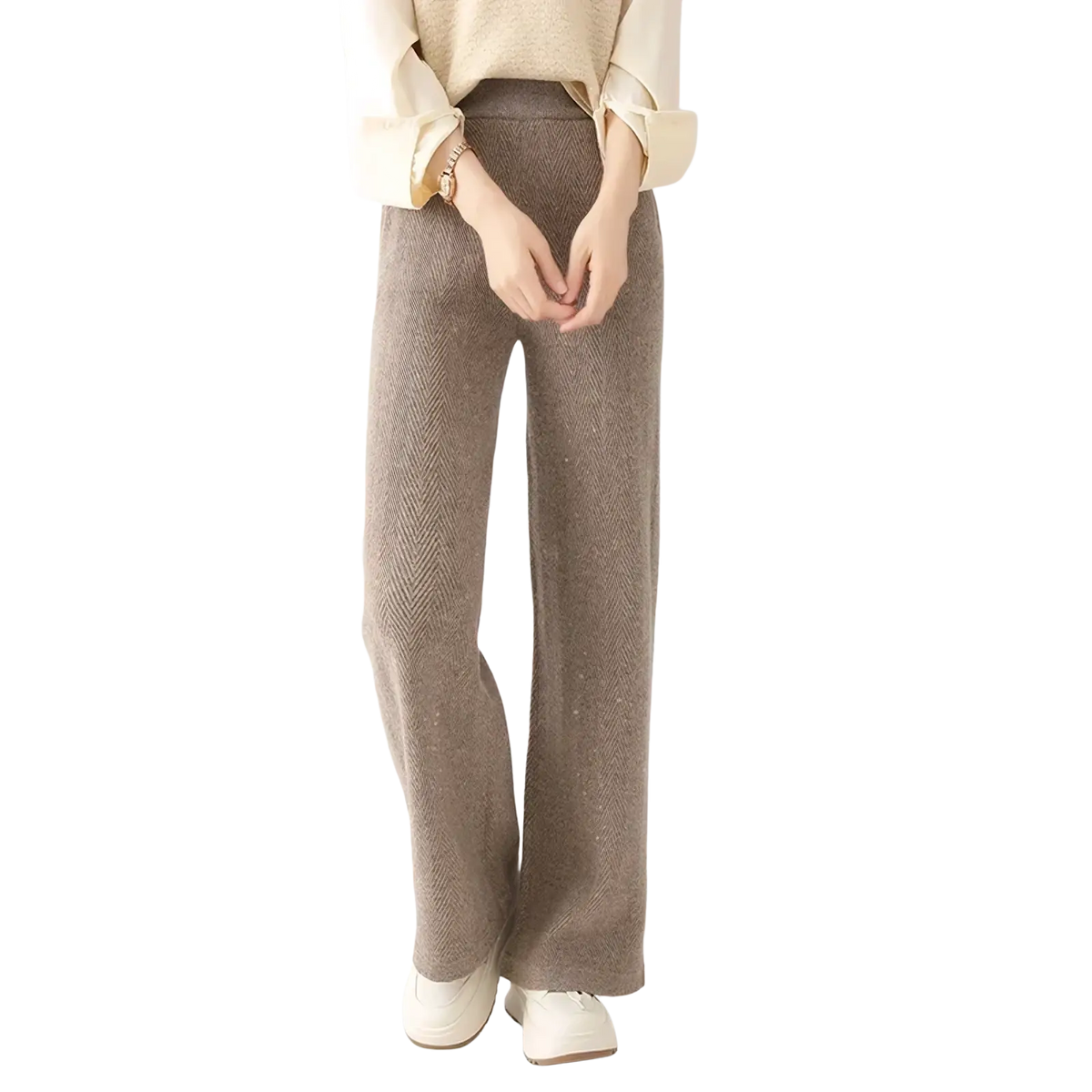 Beige merino wool wide leg pants featuring a herringbone knit pattern ideal for comfortable stylish wear