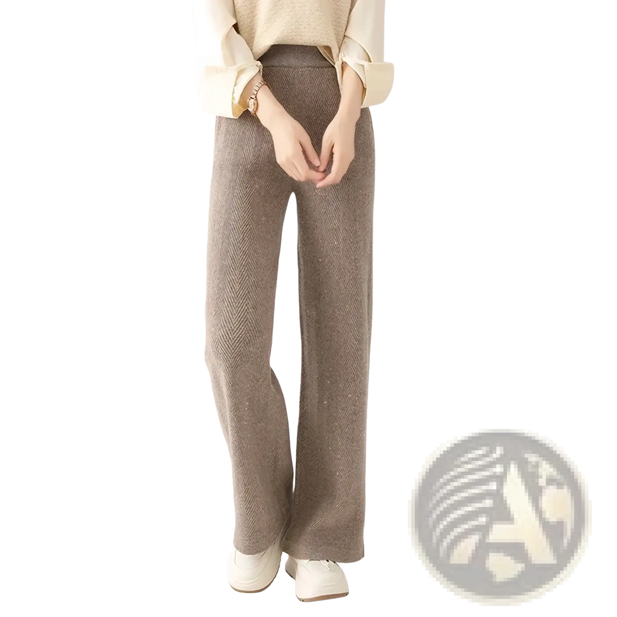 Beige merino wool wide leg pants featuring a herringbone knit pattern ideal for comfortable stylish wear