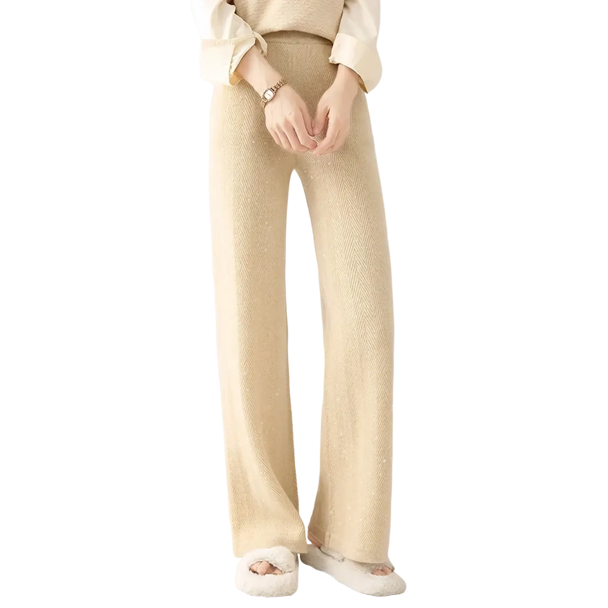 Beige merino wool wide leg pants featuring a subtle herringbone pattern and a slightly shimmering knit texture