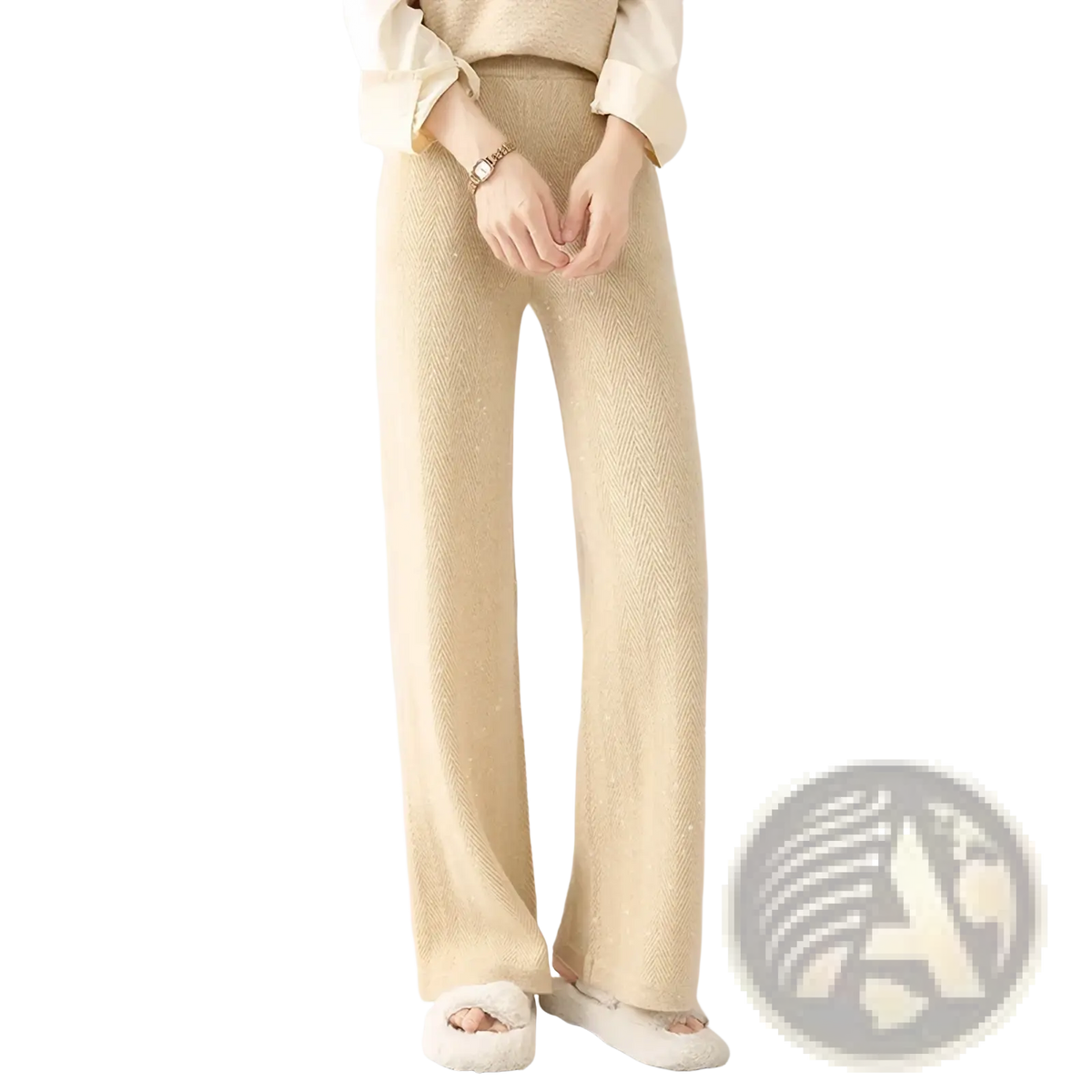 Beige merino wool wide leg pants featuring a subtle herringbone pattern and a slightly shimmering knit texture