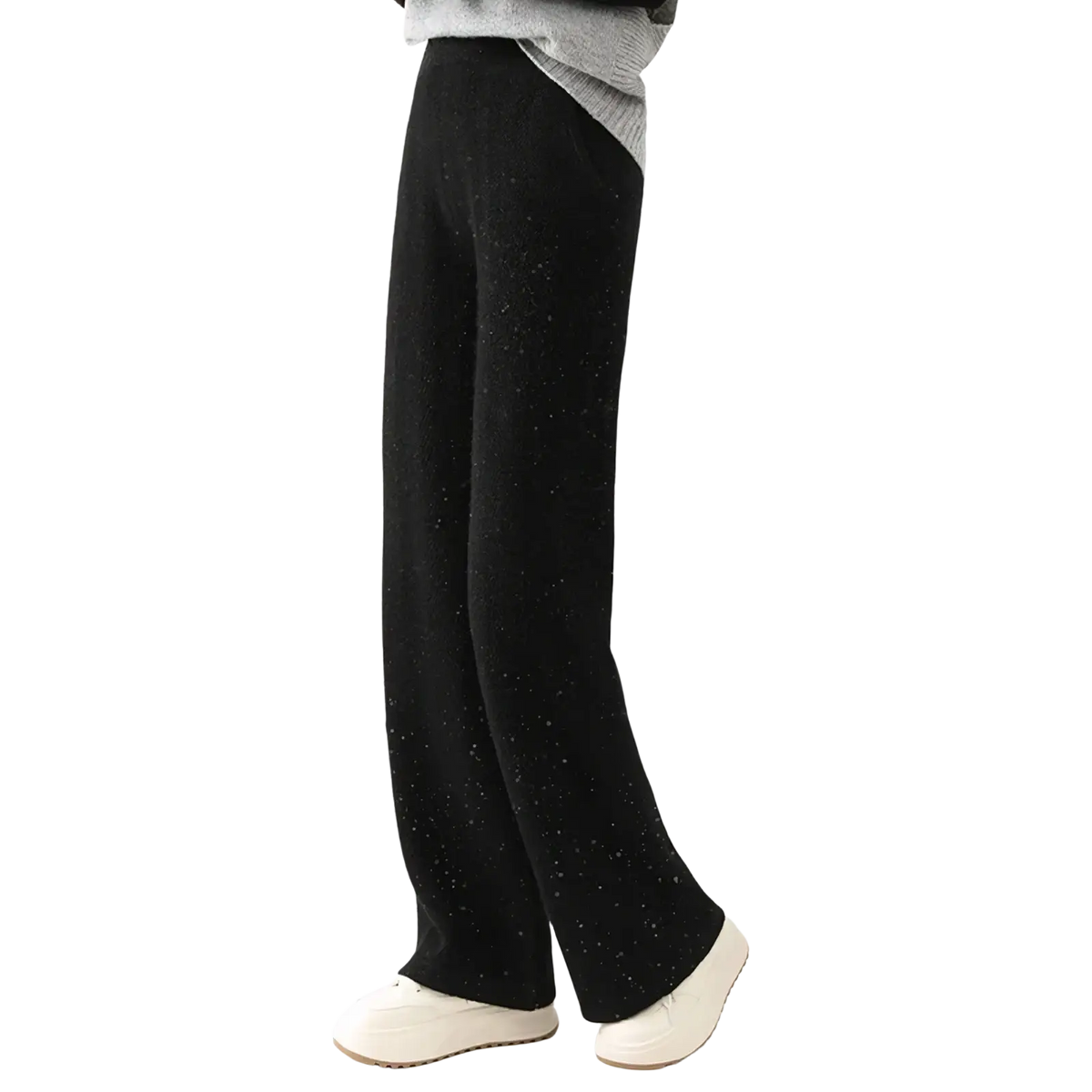 Black merino wool wide leg pants with subtle speckled texture featuring a comfortable knit fabric