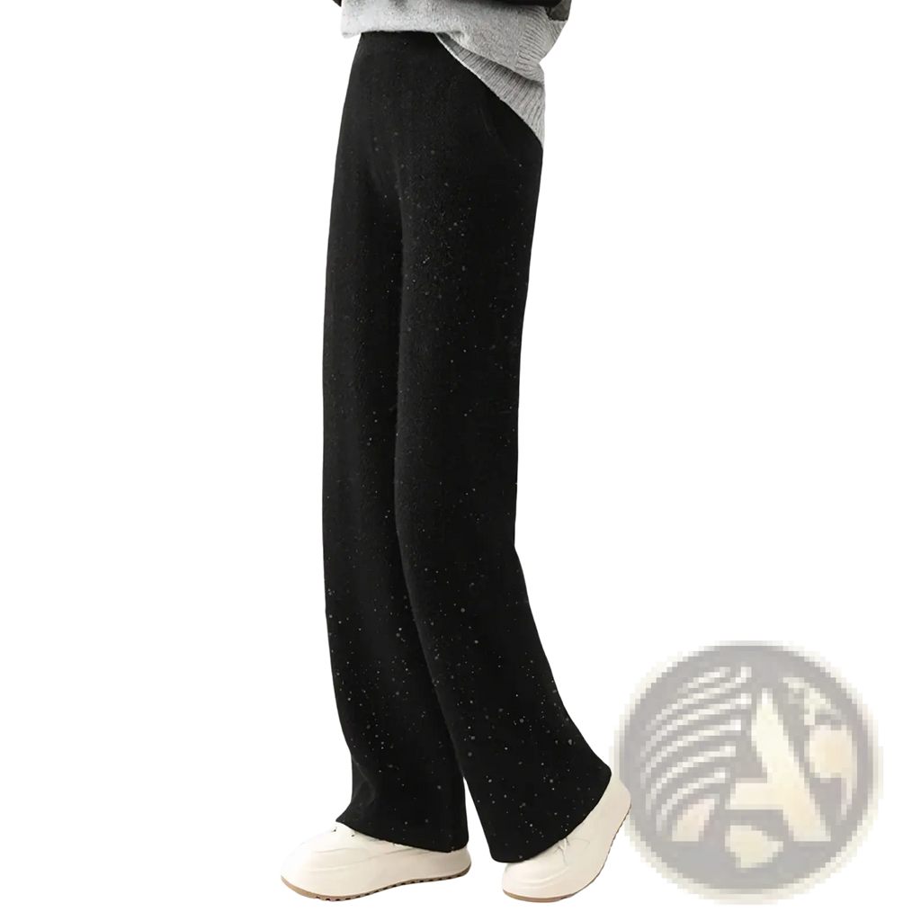 Black merino wool wide leg pants with subtle speckled texture featuring a comfortable knit fabric