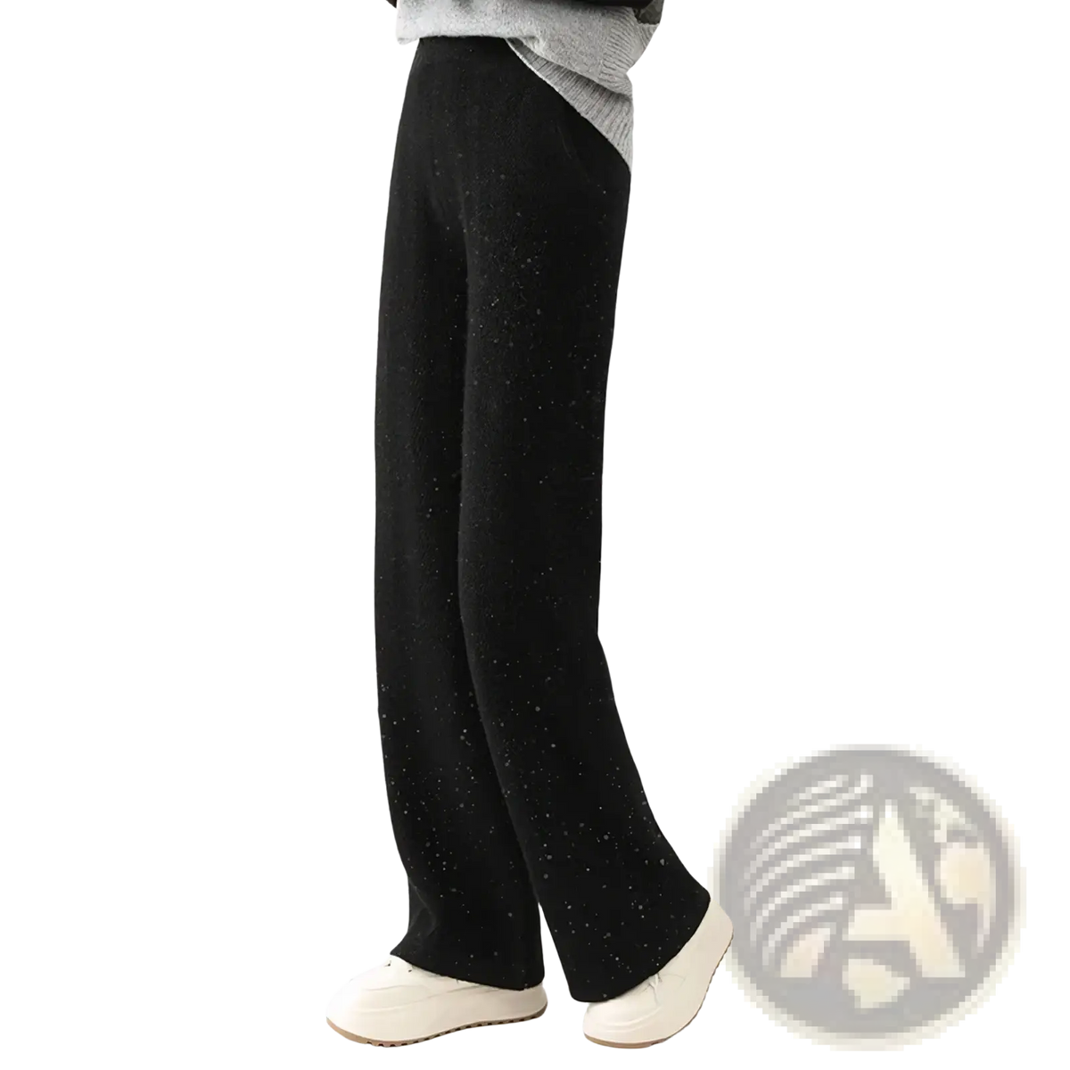 Black merino wool wide leg pants with subtle speckled texture featuring a comfortable knit fabric