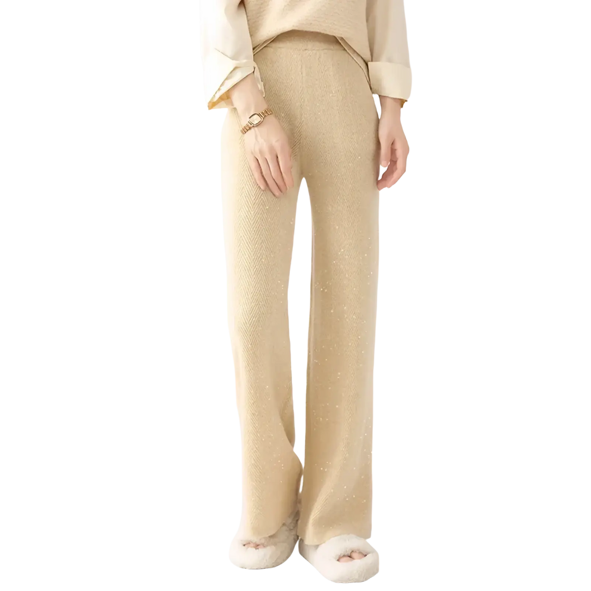 Cream-colored merino wool wide leg pants with a subtle shimmering knit texture perfect for stylish comfort