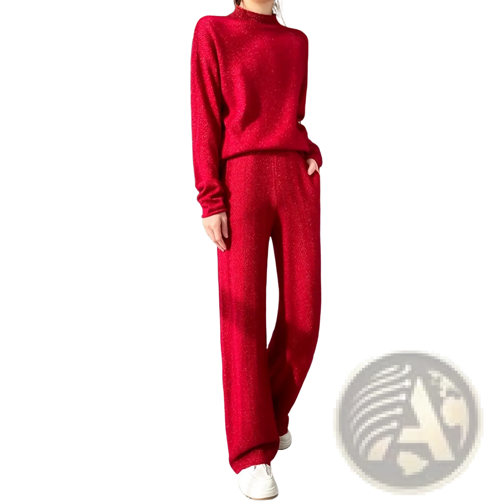 Red glittery merino wool knit sweatsuit featuring a high neck and wide-leg pants for comfortable wear