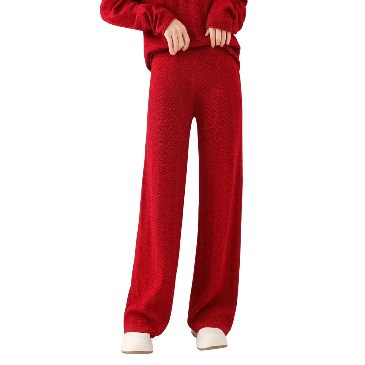 Red merino wool wide leg pants featuring a textured ribbed knit fabric and a wide leg silhouette