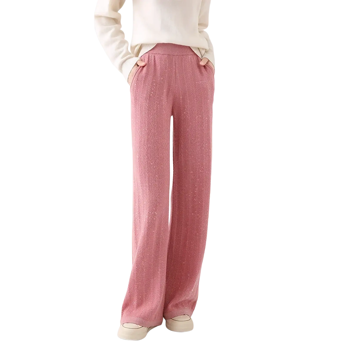 Soft pink merino wool wide leg pants with subtle textured weave and comfortable elastic waistband