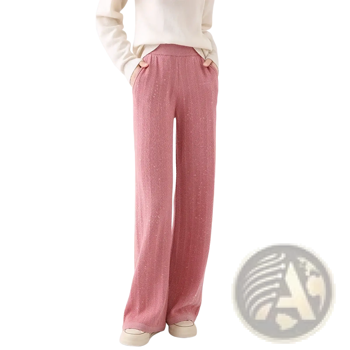 Soft pink merino wool wide leg pants with subtle textured weave and comfortable elastic waistband