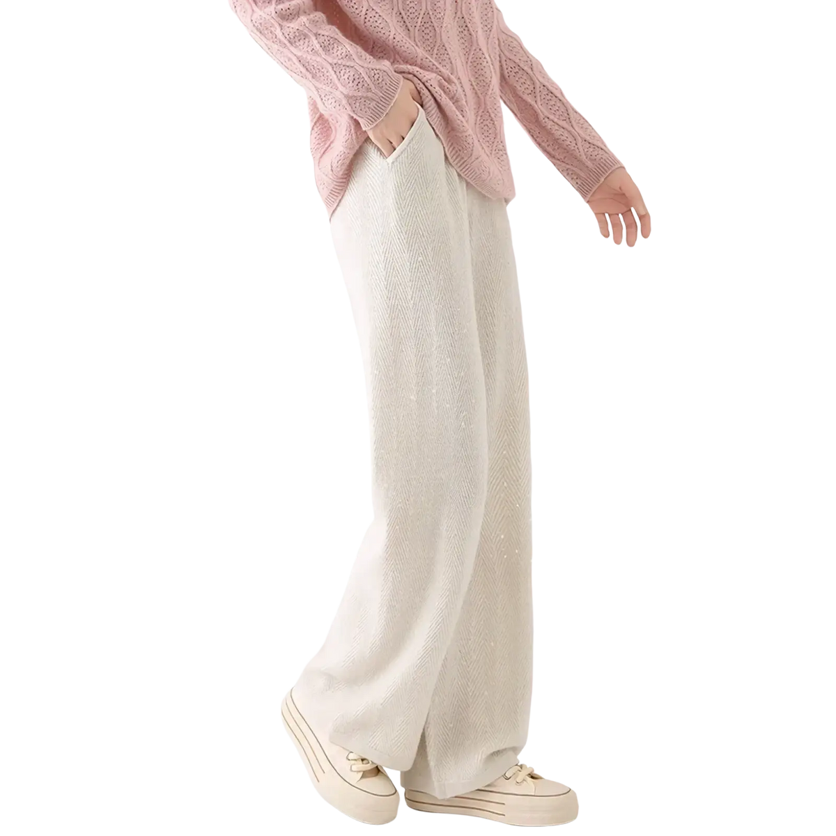 Off-white merino wool wide leg pants with a ribbed texture and subtle sheen in a knit fabric design