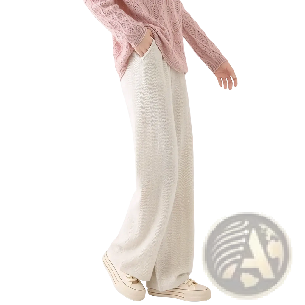 Off-white merino wool wide leg pants with a ribbed texture and subtle sheen in a knit fabric design