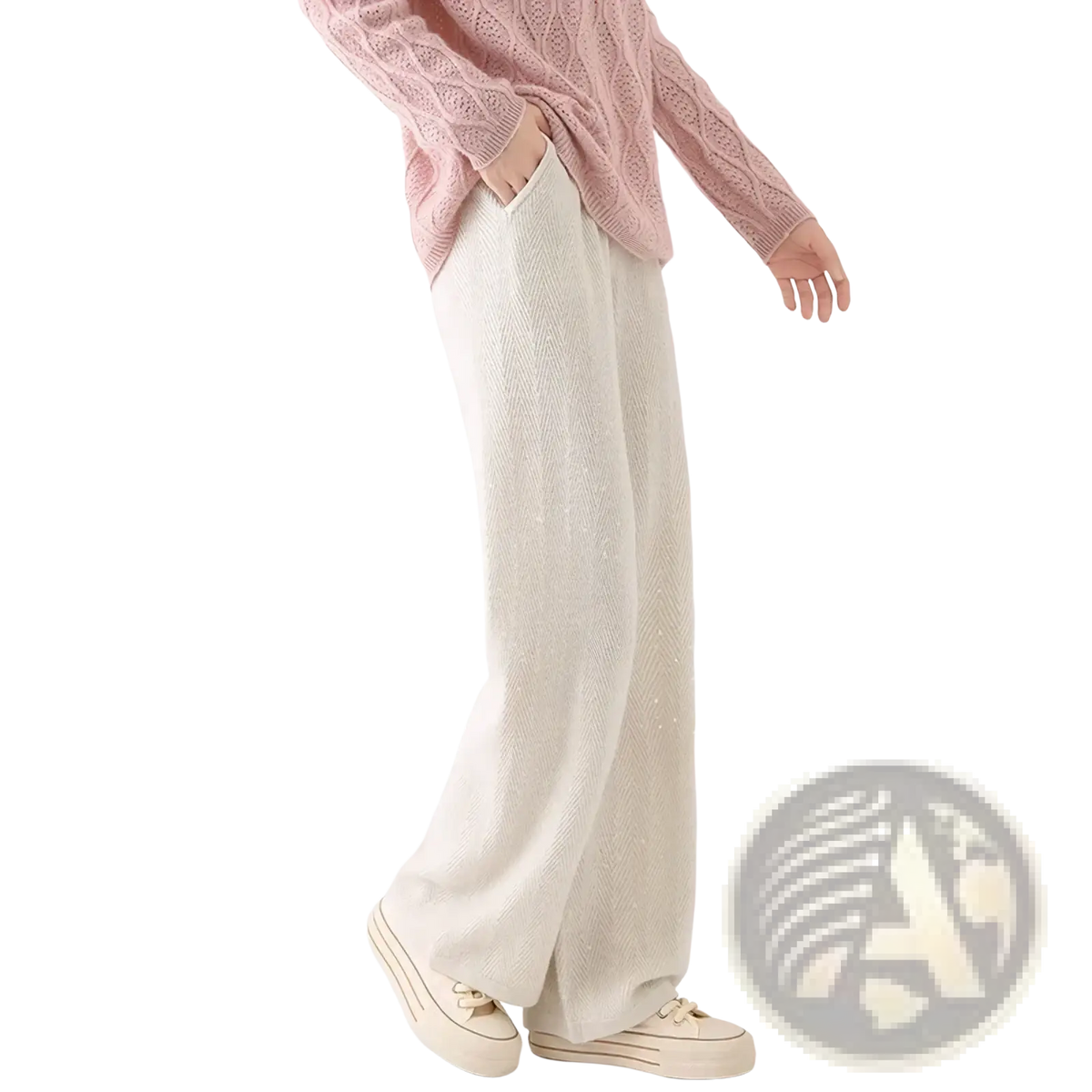 Off-white merino wool wide leg pants with a ribbed texture and subtle sheen in a knit fabric design