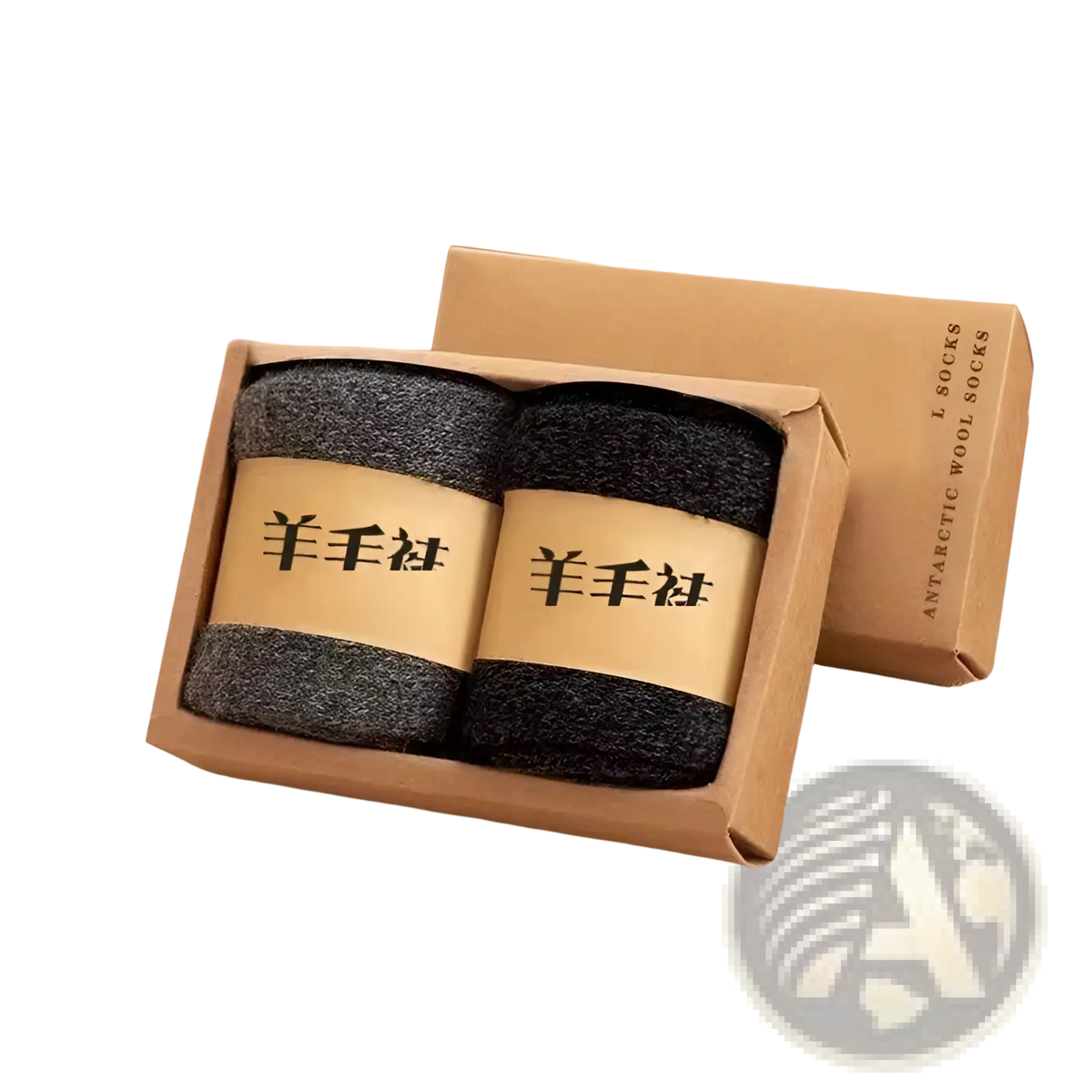 Dark gray extra thick merino wool winter socks in a brown cardboard box designed for thermal cold resistance