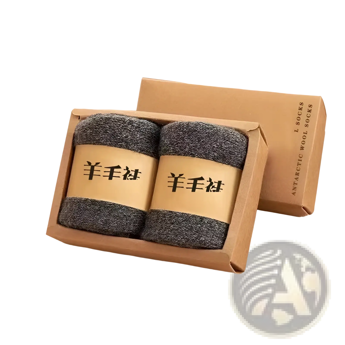 Gray extra-thick merino wool socks in a brown cardboard box designed for winter thermal cold resistance