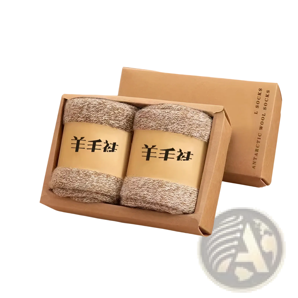 A pair of heathered gray merino wool winter socks thick thermal cold resistant in a brown cardboard box