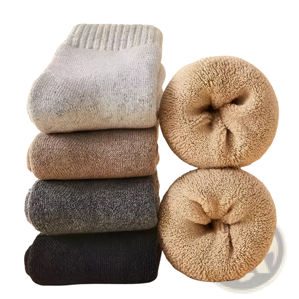 Stack of thick thermal merino wool winter socks in gray brown and black with plush beige fleece-lined pairs shown