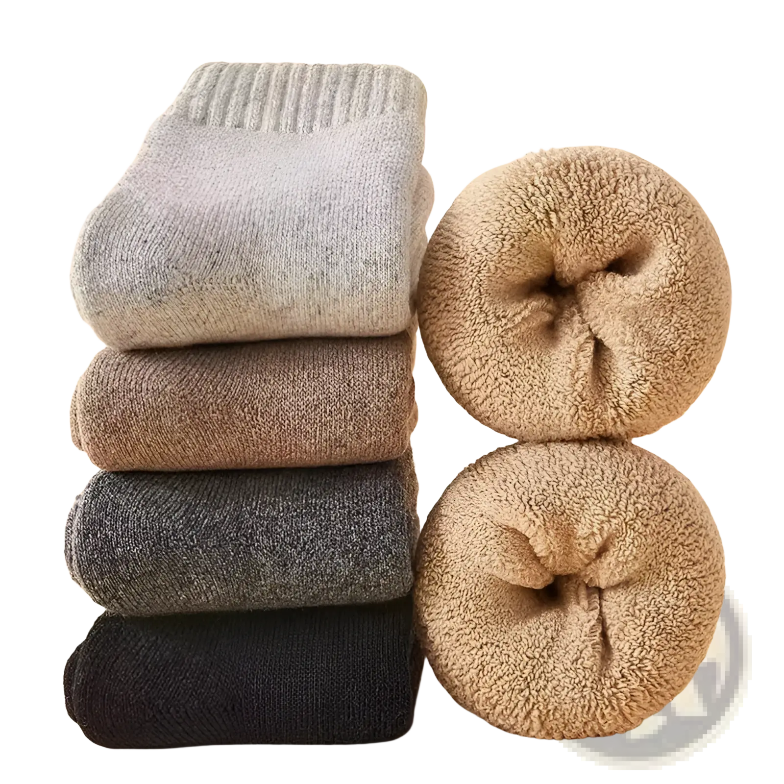 Stack of thick thermal merino wool winter socks in gray brown and black with plush beige fleece-lined pairs shown