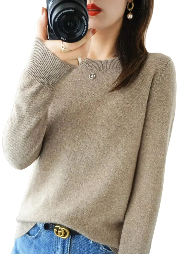 Beige merino wool women casual pullover sweater with soft ribbed neckline and long sleeves