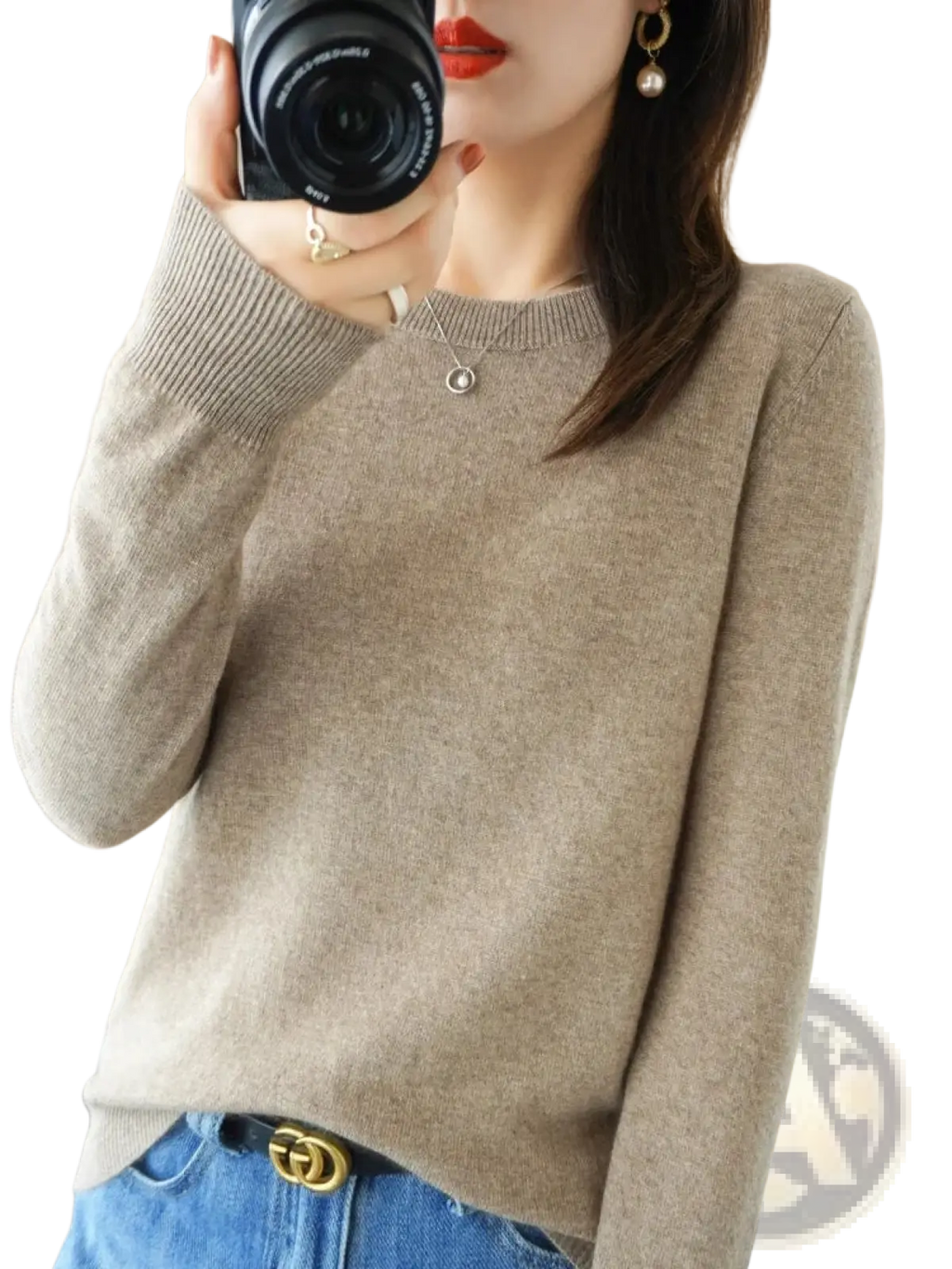 Beige merino wool women casual pullover sweater with soft ribbed neckline and long sleeves
