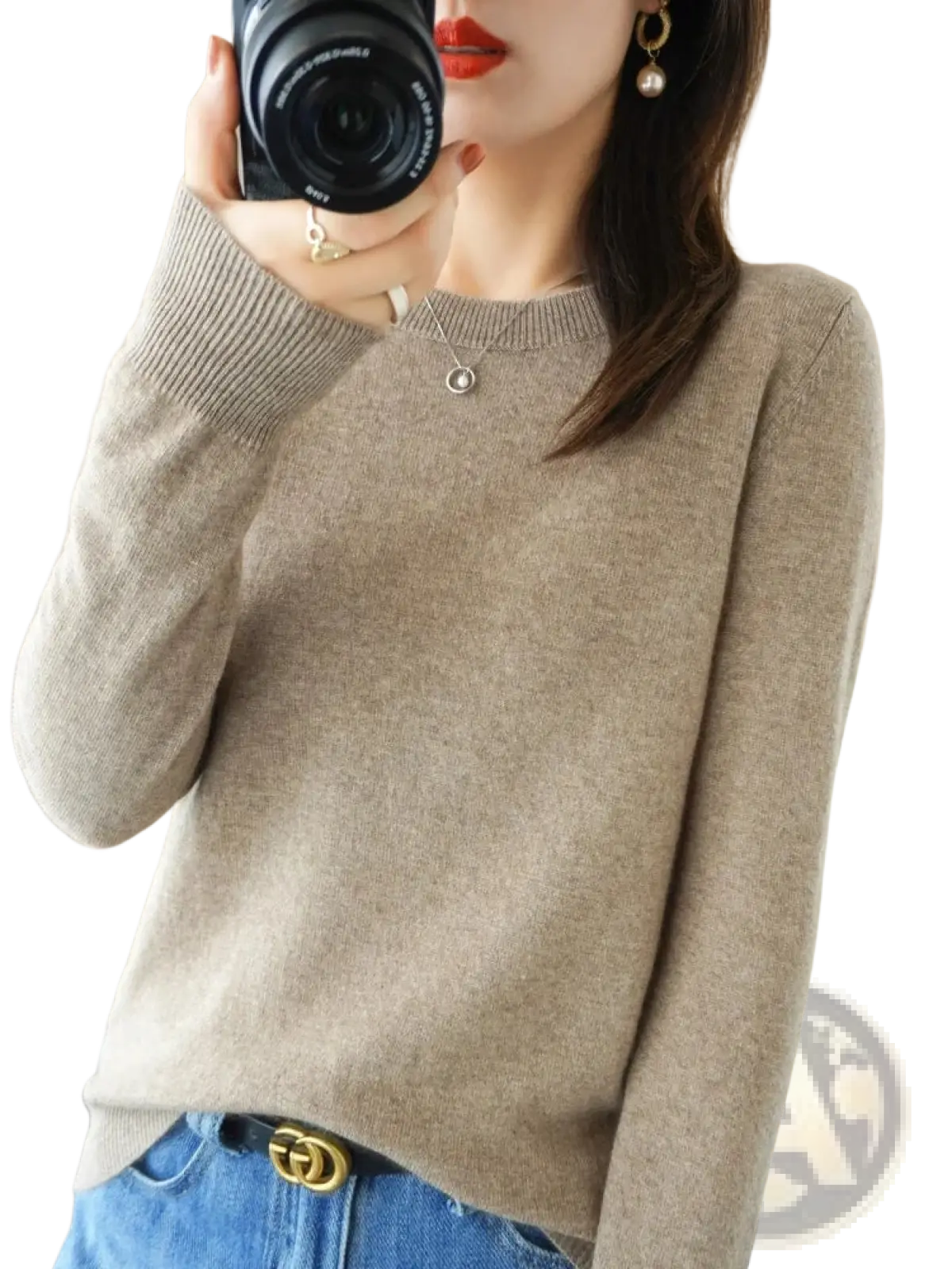 Beige merino wool women casual pullover sweater with soft ribbed neckline and long sleeves